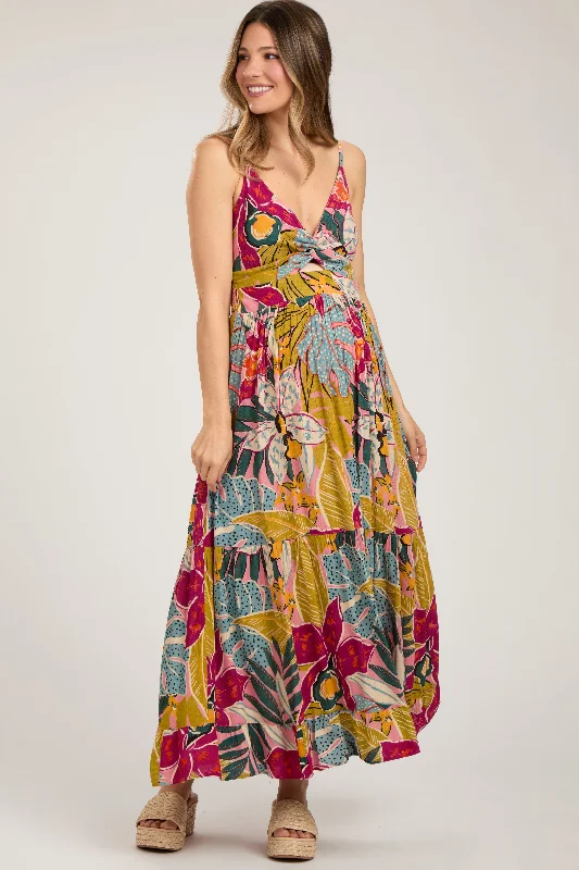 Women's Travel Attire Multi-Color Floral V-Neck Front Knot Tiered Maternity Maxi Dress