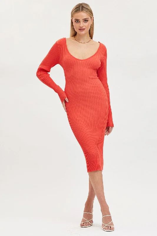Women's Clothes And Apparel Sets Orange Knit Dress Evening Midi