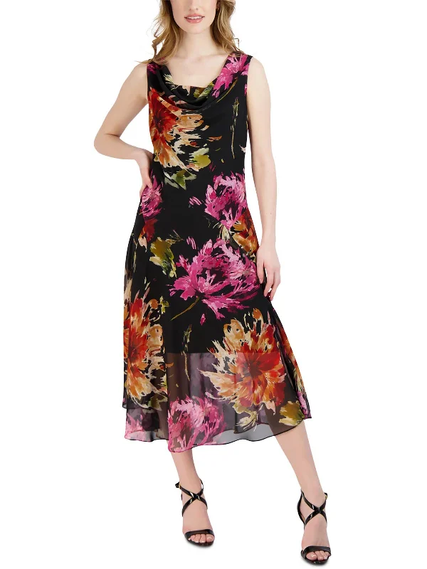 Vintage-Inspired Women's Apparel Petites Womens Cowlneck Calf Midi Dress