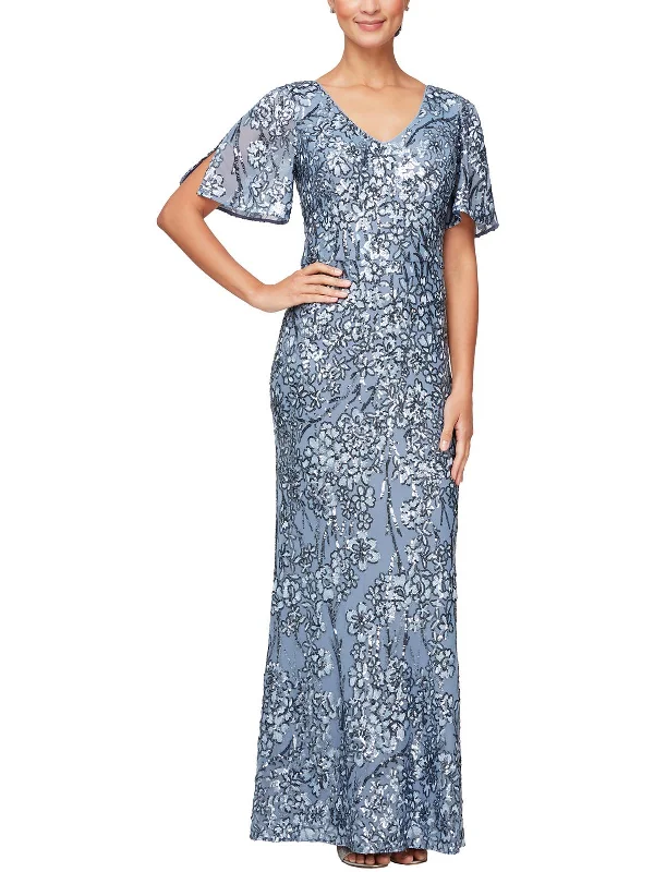 Elegant Clothing For Women Petites Womens Sequined Cold Shoulder Evening Dress