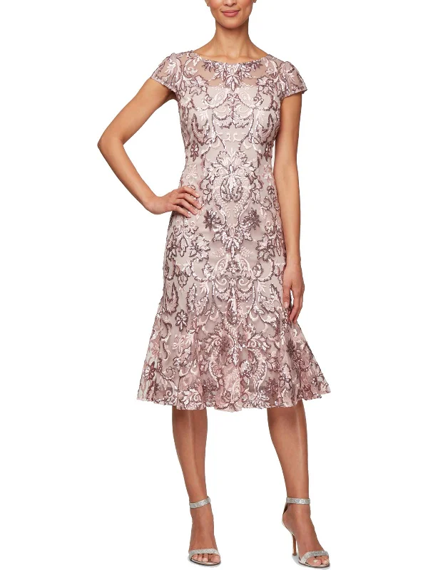 Women's Formal Event Clothing Petites Womens Sequined Flounce Cocktail Dress
