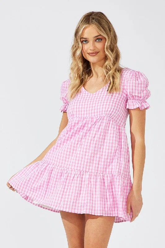 Best Clearance Sales Right Now Pink Check Smock Dress Short Sleeve Tiered