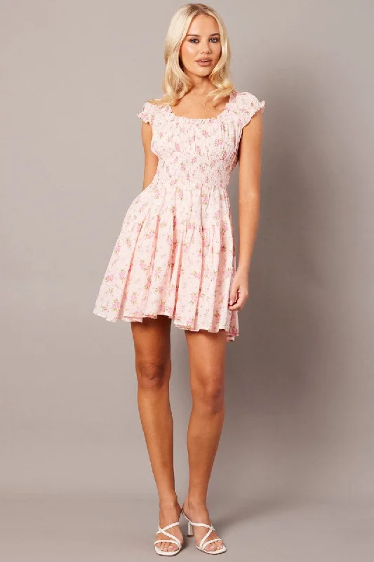 End Of Season Sale Clothing Pink Floral Fit And Flare Dress Puff Sleeve