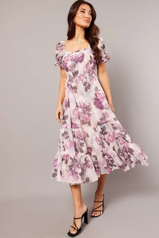 Women's Holiday Outfit Pink Floral Maxi Dress Puff Sleeve