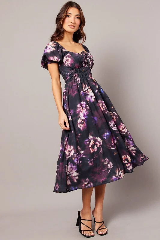 Casual Outfit For Women Purple Floral Midi Dress Short Sleeve Ruched Bust