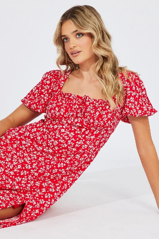 Women Wear Online Red Ditsy Midi Dress Short Sleeve Ruched Bust