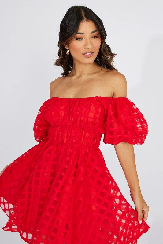 Women's Urban Clothing Red Fit And Flare Dress Puff Sleeve Mini