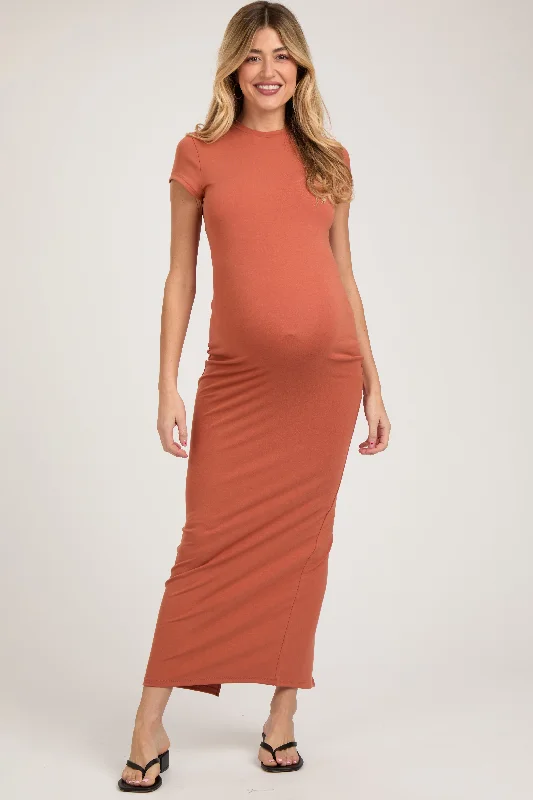 Women's Trendy Casual Clothes Rust Fitted Short Sleeve Maternity Maxi Dress