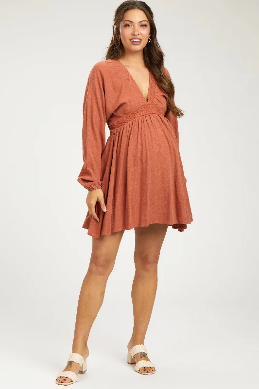 Big Sale Event Rust Linen Deep V-Neck Long Sleeve Maternity Dress