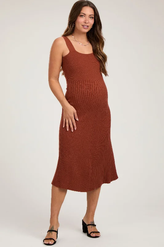 Women's Fashion Essentials Rust Sweater Knit A-Line Maternity Midi Dress