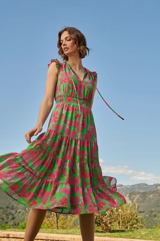 Women's Occasion Wear Clothes Sandia Floral Pisces Smocked Midi Dress