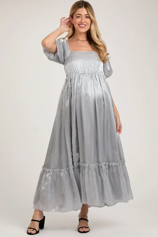 Women's Everyday Attire Silver Satin Square Neck Short Puff Sleeve Maternity Maxi Dress