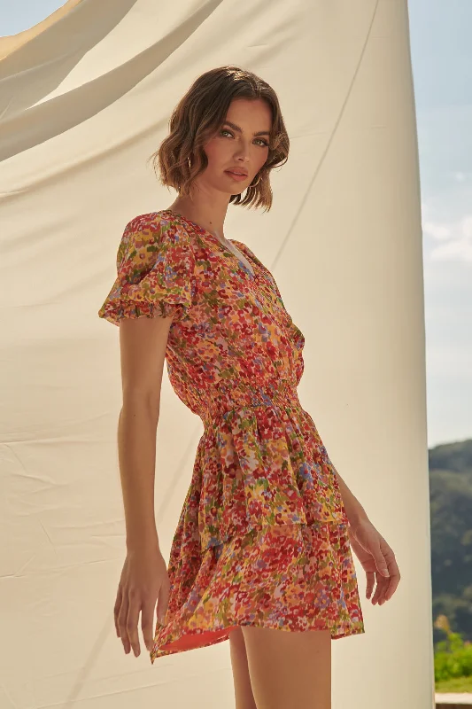 Affordable Women's Clothing Spring Dream Floral Amina Surplice Ruffle Mini Dress