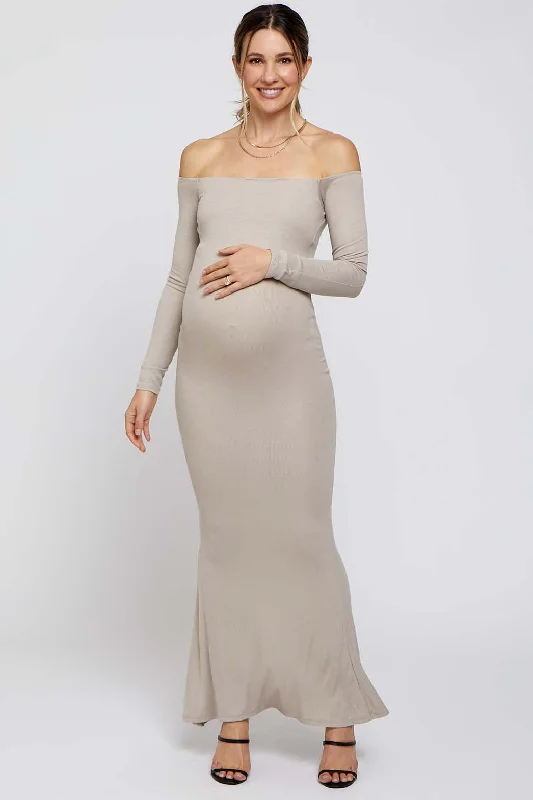 Women's Relaxed Outfit Taupe Ribbed Off Shoulder Long Sleeve Maternity Maxi Dress