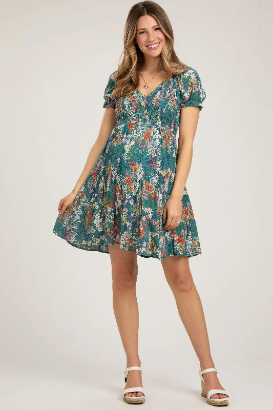 Women's Comfortable Garments Teal Floral Smocked V-Neck Short Sleeve Maternity Dress