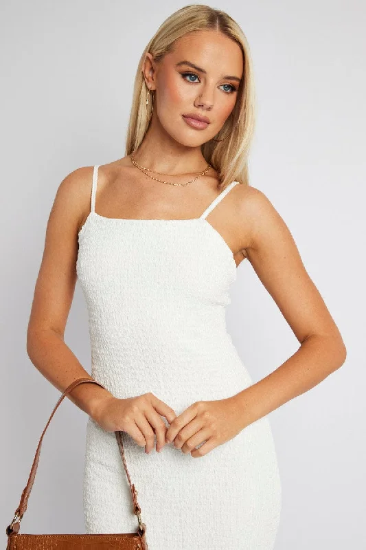 Women's Casual Apparel For Weekends White Bodycon Dress Maxi Textured Fabric