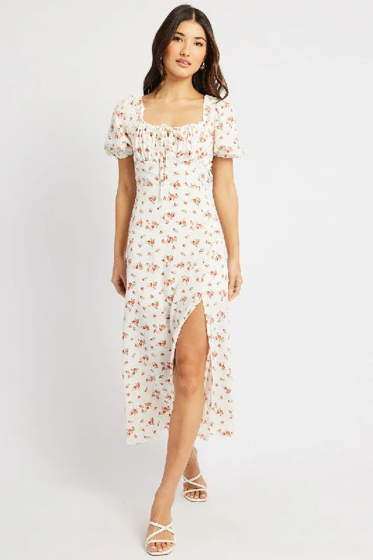 Women's Workout Clothing White Ditsy Midi Dress Short Sleeve Side Split