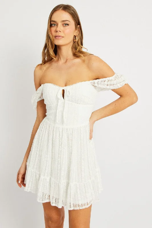 Clothes Women White Fit And Flare Dress Mini Lace