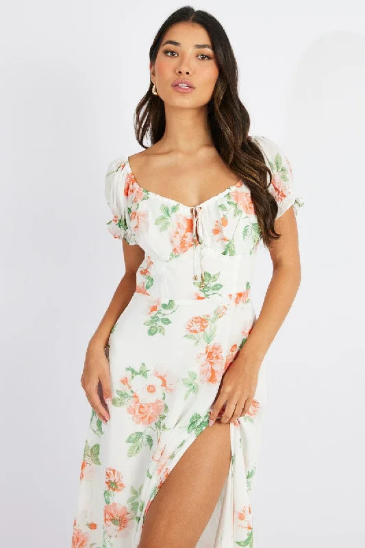 Stylish And Comfortable Clothing For Women White Floral Maxi dress Puff Sleeve