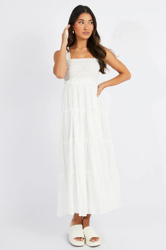 Contemporary Women's Clothing White Maxi Dress Shirred Bust Tiered