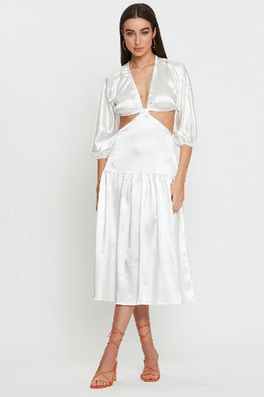 Formal Garments For Women White Midi Dress Short Sleeve
