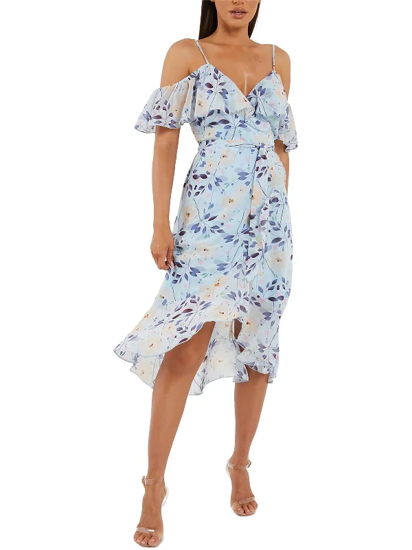 Women's Vacation Attire Womens Floral Print Mid Calf Wrap Dress