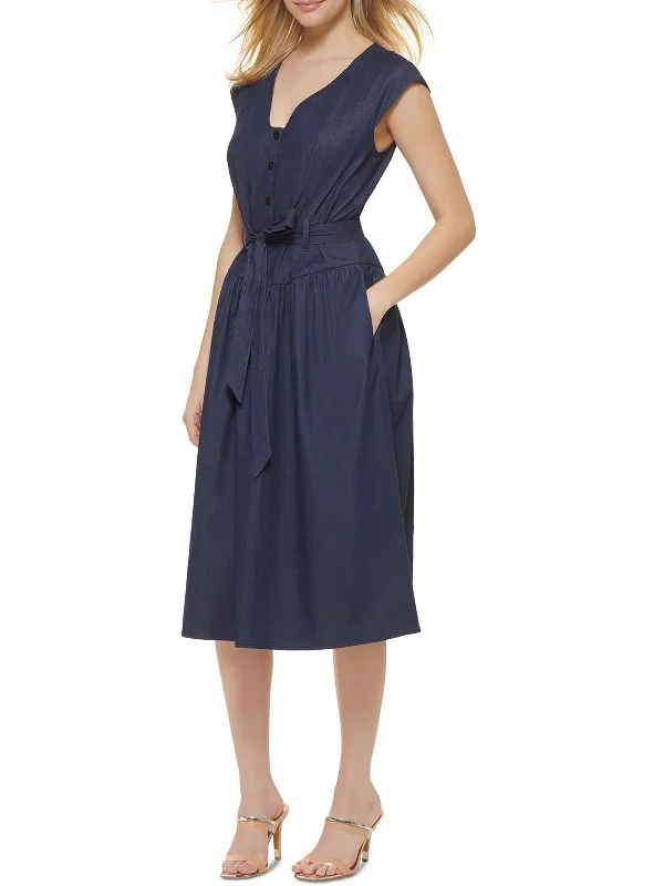 Women's Athleisure Apparel Womens Half-button Belted Midi Dress