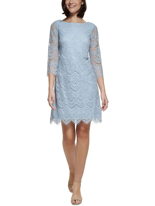 Women's Chic Outerwear Garments Womens Lace Overlay Above Knee Shift Dress