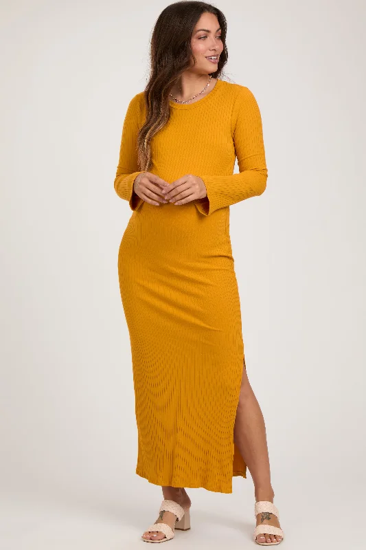 Vintage-Inspired Women's Clothes Yellow Ribbed Side Slit Maternity Maxi Dress
