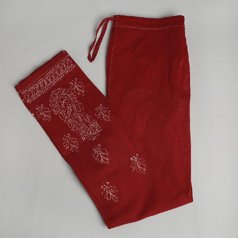 Clothes Women Red - Lucknow Chikankari Hand Embroidery Cotton Lycra Cropped Pant (Free Size)