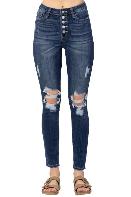 Trendy Online Boutiques Button Fly Skinny Jeans In Blue