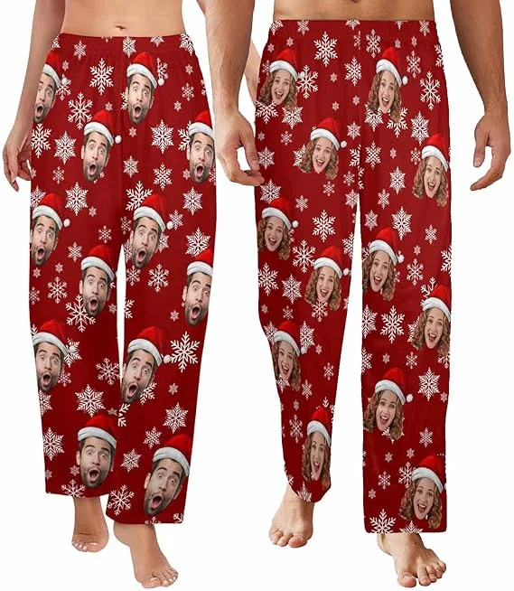 High Street Women's Fashion for Trendy Shoppers [New Design] Custom Face Pajama Pants for Women Men Personalized Sleep Bottoms Snowflake Printed Pj Casual Pajamas Loose Fit Lounge Pants