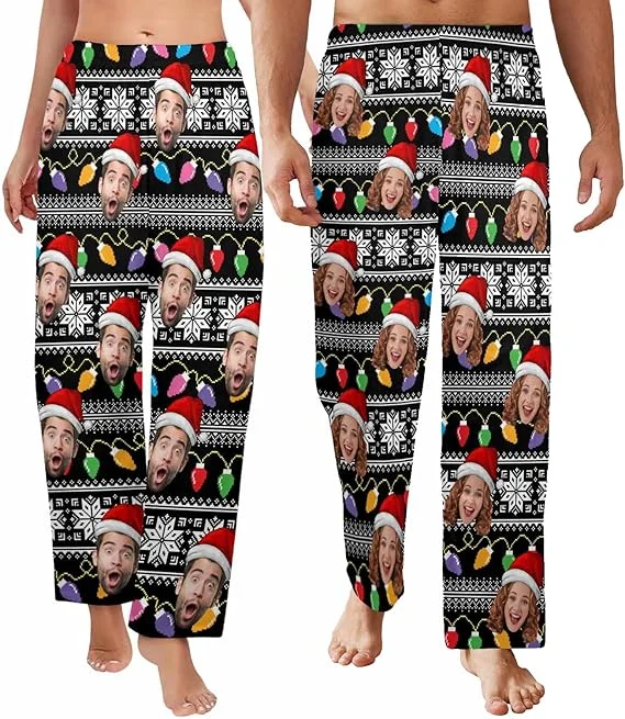 Comfortable Casual Women's Clothing [New Design] Custom Face Pajama Pants for Women Men Personalized Sleep Bottoms  Christmas Light Printed Pj Casual Pajamas Loose Fit Lounge Pants