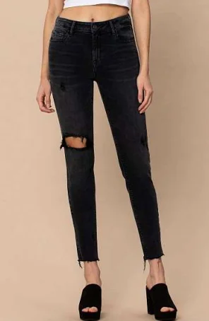 Flash Discount Distressed Raw Hem Skinny Jeans in Black by Hidden Jeans