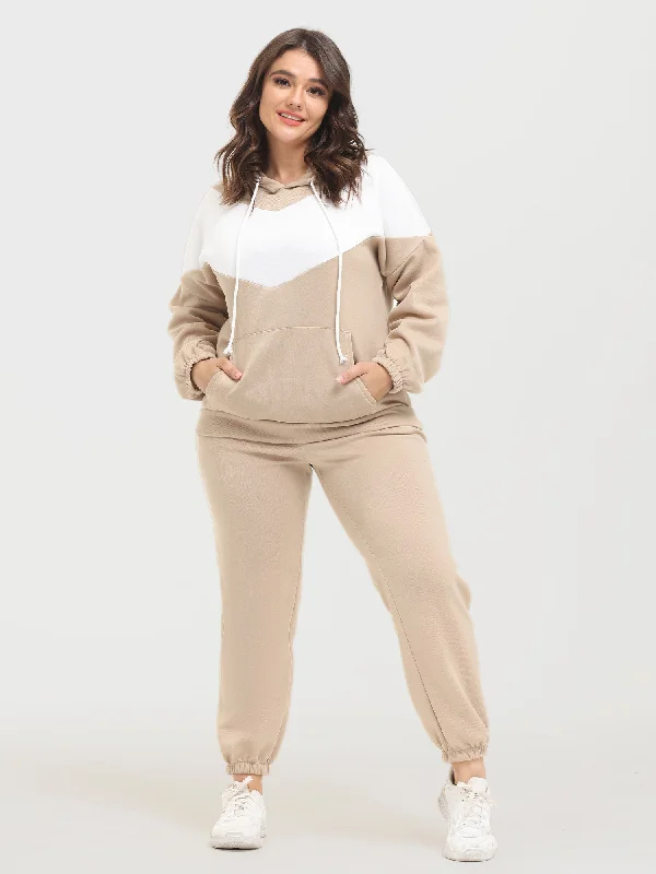 Women's Clothes Online Shopping Midsize Casual Fashion Colorblock Fleece Hoodie 2-Piece Set