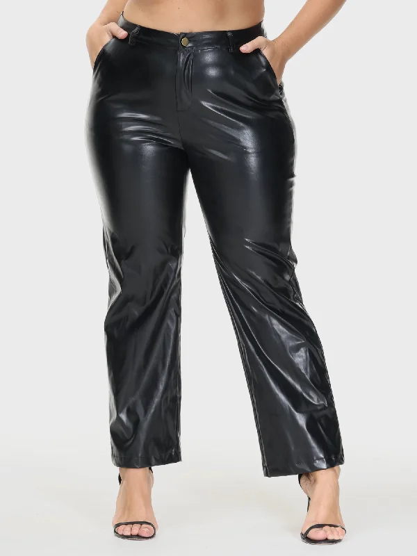 Women's Seasonal Clothing PU Leather Straight Leg Casual Pants with Pockets