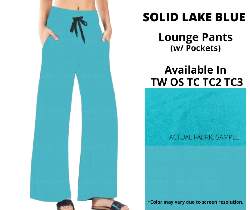 Women's Workout Clothing Solid Lake Blue Full Length Lounge Pants