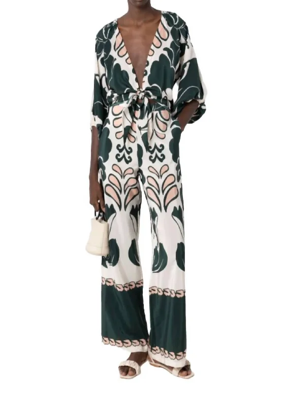 Modern Women's Wardrobe Essentials Spray Of Flower Wide-Leg Pant In Dark Green